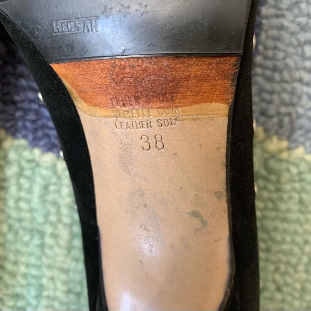 Sacco Black Suede Grommet Pointy Toed Scalloped Edge Kitten Heel Pumps Size 8 38 - Picture 13 of 16
